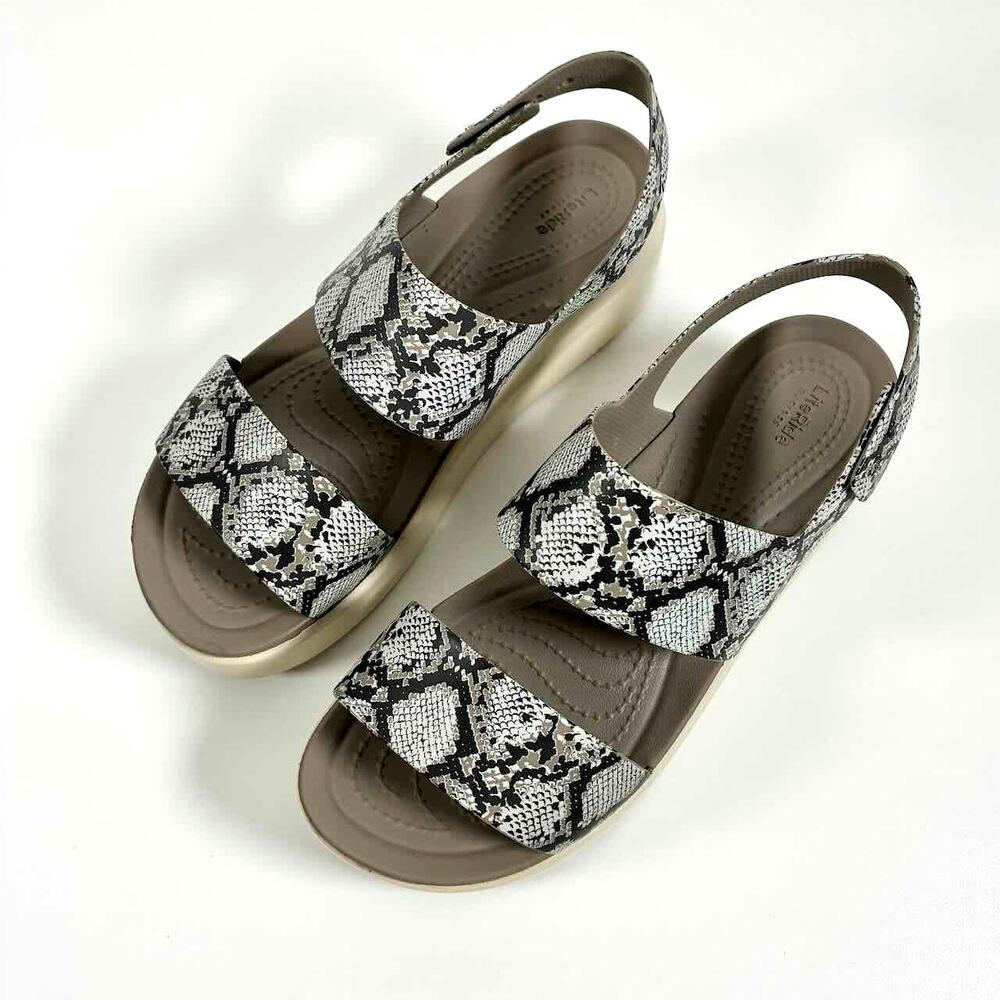 Crocs Women's Black & White Snake Print Brooklyn Low Wedge Sandal - Size 7